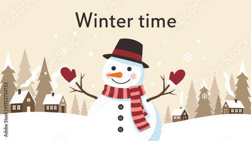 Cheerful winter illustration of a snowman wearing a hat and scarf in a snowy landscape with small houses and pine trees.