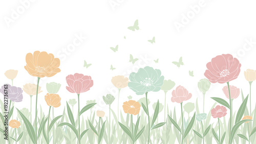 Soft pastel illustration of a flower meadow with butterflies flying above various delicate blooms and tall grass.