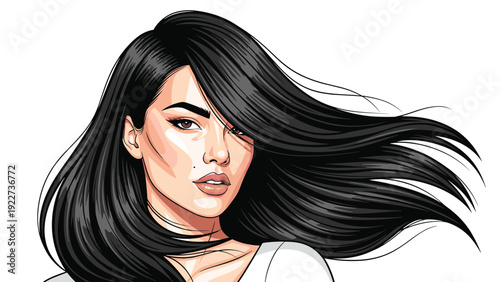 Beautiful young woman with long voluminous black hair blowing in the wind in a stylish fashion illustration.