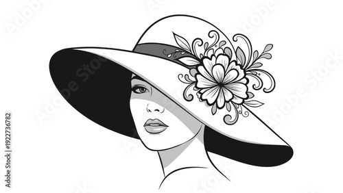 Sophisticated portrait of a woman wearing a wide-brimmed white hat decorated with a large detailed flower in a grayscale illustration.