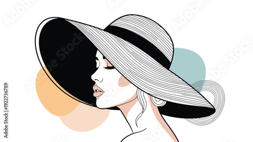 Elegant side profile of a woman wearing a very large black wide-brimmed hat in a minimalist fashion illustration style.