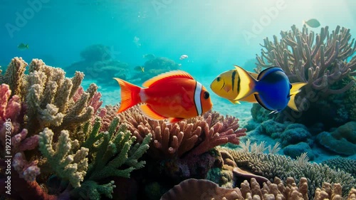 Vibrant tropical fish swim among colorful coral reef formations underwater - 4k video