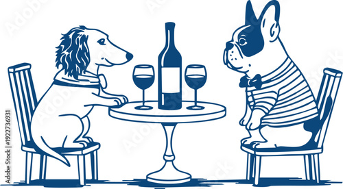  A Romantic Dog Dinner, Dapper Dogs Sharing Wine Illustration, Sophisticated Pets Dinner Date Graphic, Whimsical Bistro Scene with Pups, vector, illustration, silhouette.
