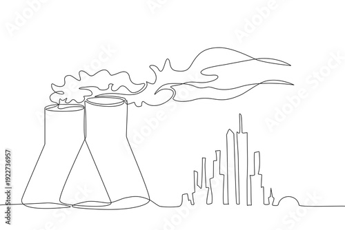 Continuous one line drawing of industrial power plant chimneys and city skyline, minimalist vector illustration representing energy production, urban infrastructure and environmental impact, editable 