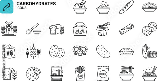 Carbohydrates Food Line Icon Set with Bread Rice Pasta and Grain Nutrition