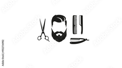 Collection of minimalist barber shop icons featuring a bearded man silhouette, combs, scissors, and a traditional straight razor.