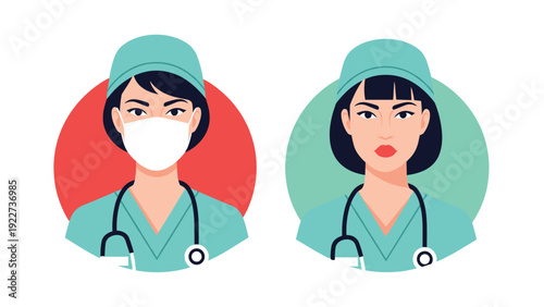 Portrait of two female medical workers in green scrubs and caps, one wearing a protective face mask for safety and hygiene.
