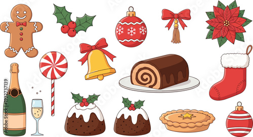 Christmas Holiday Illustration Set Featuring Gingerbread Man, Decorations, Cake, Candy Cane, Champagne, and Festive Winter Elements for Seasonal Designs