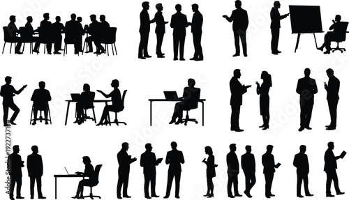 Business meeting and office people silhouettes set, teamwork discussion, presentation, corporate communication, workplace collaboration concept isolated vector illustration collection