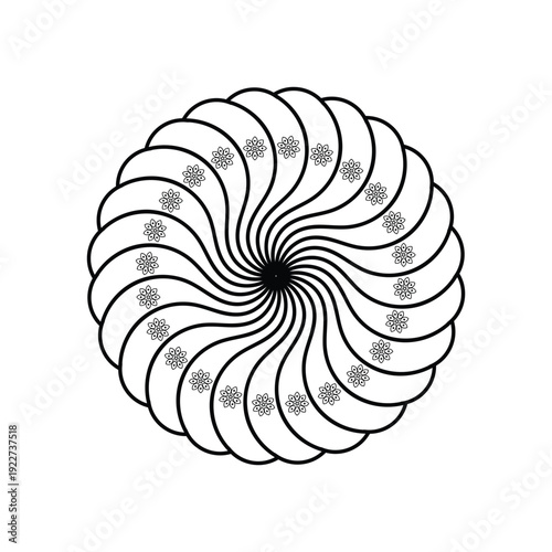 Minimalist vector illustration of a hypnotic spiral ornament with repetitive floral motifs and elegant black outline curves.