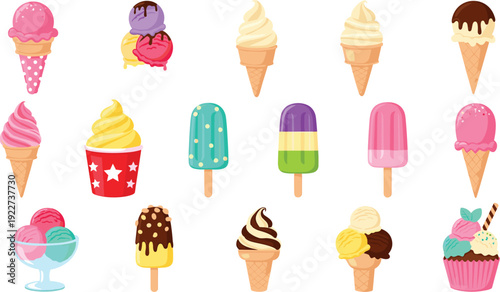 Colorful Ice Cream and Popsicle Collection Featuring Cones, Sundaes, Frozen Desserts, and Sweet Treats for Summer Menu and Party Designs