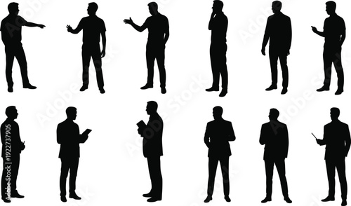 Business people silhouette set featuring men in different poses communicating presenting and using mobile devices isolated on white background for corporate concepts