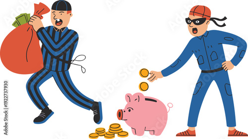 Cartoon burglars stealing money and coins with piggy bank, robbery crime concept illustration showing thief characters in masks isolated on white background