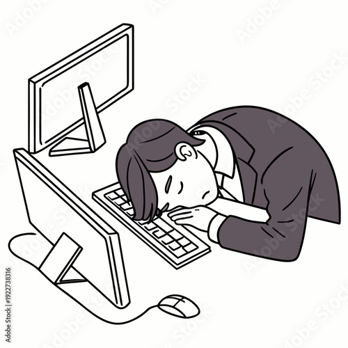A woman sleeping on a keyboard in front of a computer monitor