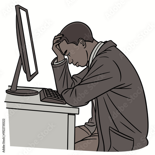 A man sitting at a desk looking stressed while working on a computer