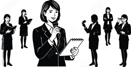 Minimalist line art close up business woman holding microphone and clipboard speaking to team with varied poses black white portrait