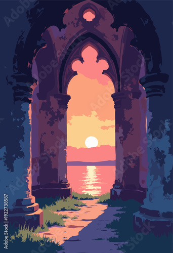 ruins St Karin Cathedral Visby Gothic arches framing view Baltic Sea sunset