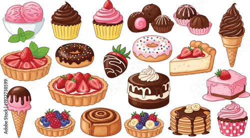 Delicious Dessert and Bakery Vector Set Featuring Cakes Donuts Ice Cream Pastries and Sweet Treats for Menu Design and Confectionery Branding