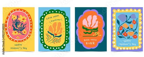 Cute colorful mother’s day greeting card set with bow,ribbon and floral Illustrations for a4 vertical invitation design