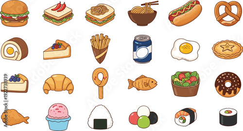 Fast Food and International Cuisine Vector Icon Set Featuring Burger Sushi Noodles Snacks and Street Food for Restaurant Menu