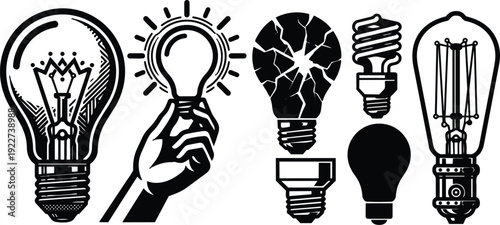 Engraving style close up hand holding glowing light bulb among six vintage and modern bulb icons in black and white