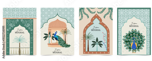 Indian Mughal Inspired background Set with Peacock and Palace Illustration for postcard invitation graphic design