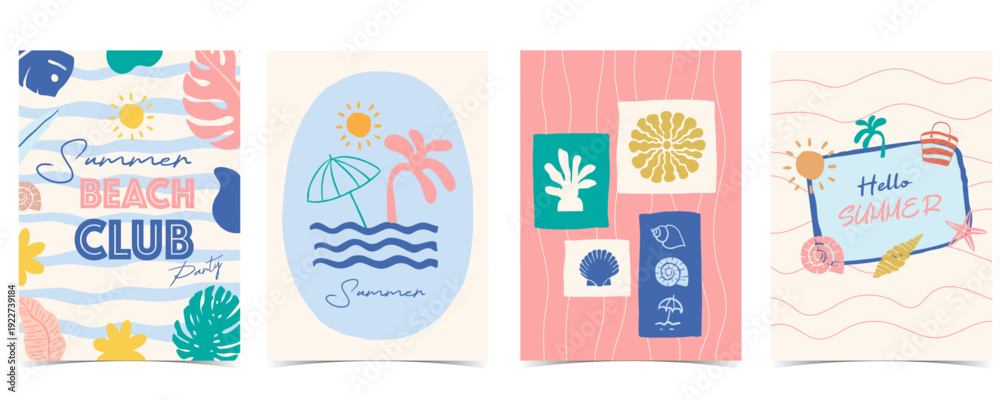 Fototapeta premium Blue pink Hand drawn hello Summer Beach club Poster Set with starfish,shell,umbrella for vacation a4 vertical invitation