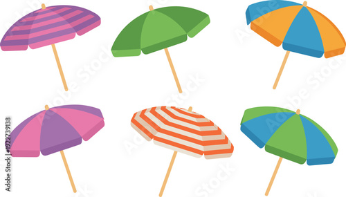 Colorful beach umbrellas vector set isolated on background, summer vacation accessories collection with striped and solid parasols for travel, seaside, holiday design