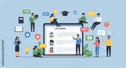 Online education and e-learning concept with diverse students and teacher.