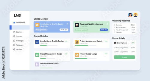 User interface design of a learning management system dashboard with course and project tracking.