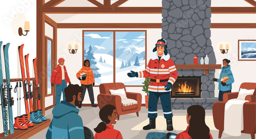 Ski instructor giving a briefing to a group of diverse skiers in a cozy lodge.