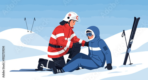 Ski patrol assisting injured skier on snowy mountain slope.