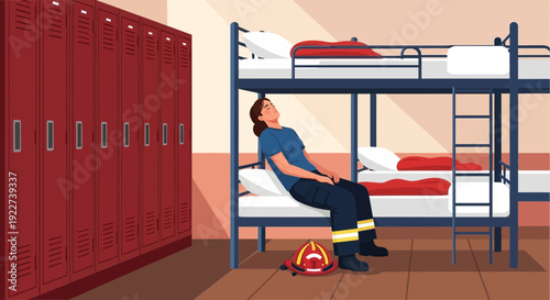 Tired female firefighter resting after a long shift.
