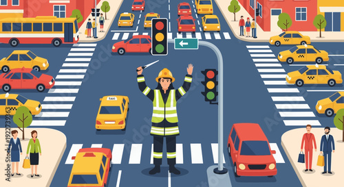 Traffic controller in uniform directing vehicles at a busy intersection.