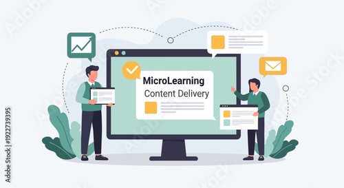 Concept of microlearning content delivery with people interacting with digital educational platform.