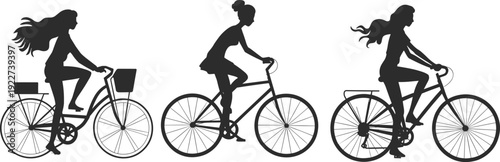 Collection of women riding bicycles silhouettes showcasing urban commuting, healthy lifestyle, eco friendly transport and active female cycling in modern minimal vector style