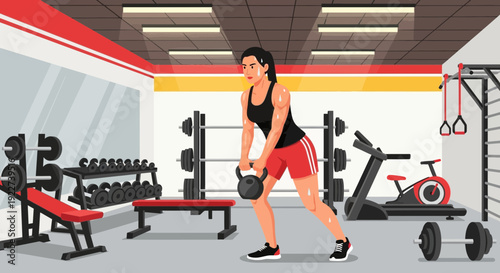 Woman performing kettlebell swing exercise with determination.