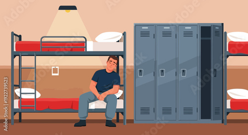 Young man sitting on a bunk bed in a dormitory room.