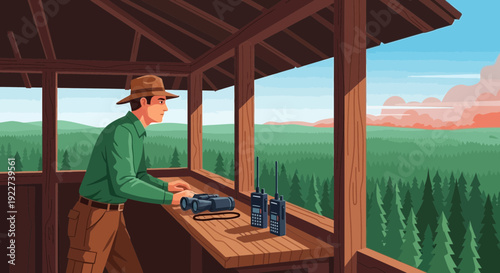 A park ranger vigilantly observes the forest from a fire lookout tower.