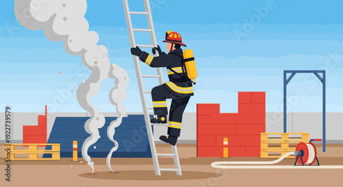 Brave Firefighter Ascending Ladder to Combat Blaze.