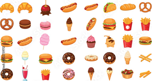 Fast Food and Sweet Dessert Mega Collection Featuring Burgers, Hot Dogs, Donuts, Ice Cream, Fries, Pretzels, and Bakery Treat Illustrations