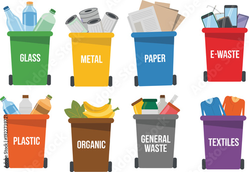 Colorful recycling bins set for waste sorting including glass metal paper e-waste plastic organic general waste and textiles for eco friendly management
