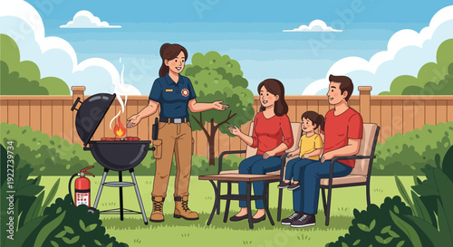 Family enjoying a backyard barbecue with a woman grilling.