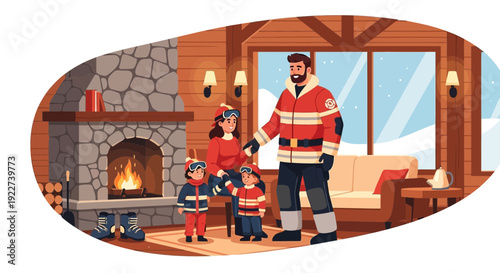 Family of four dressed in winter gear ready for outdoor activities.