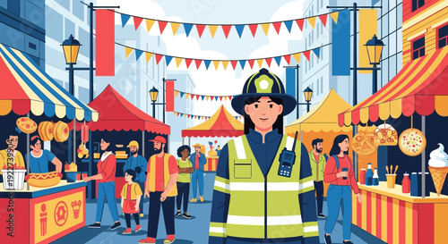 Female firefighter in uniform standing at a vibrant outdoor festival.