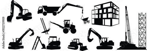 Construction machinery and equipment silhouettes set including excavator crane bulldozer truck and building structure for industrial site and engineering vector illustration design