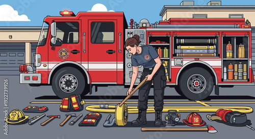 Female firefighter meticulously organizing her essential gear and tools.