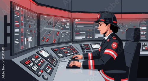 Female firefighter monitors control room operations.