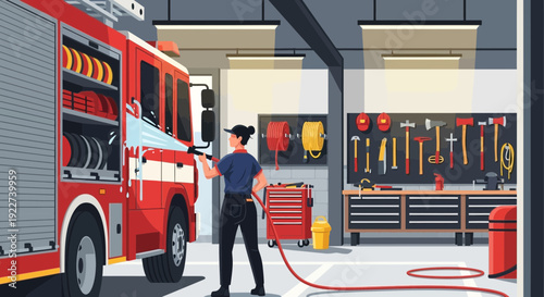 Female firefighter preparing equipment on a fire truck.