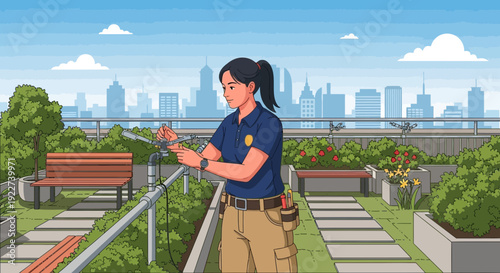 Female gardener tending to plants on a rooftop garden.